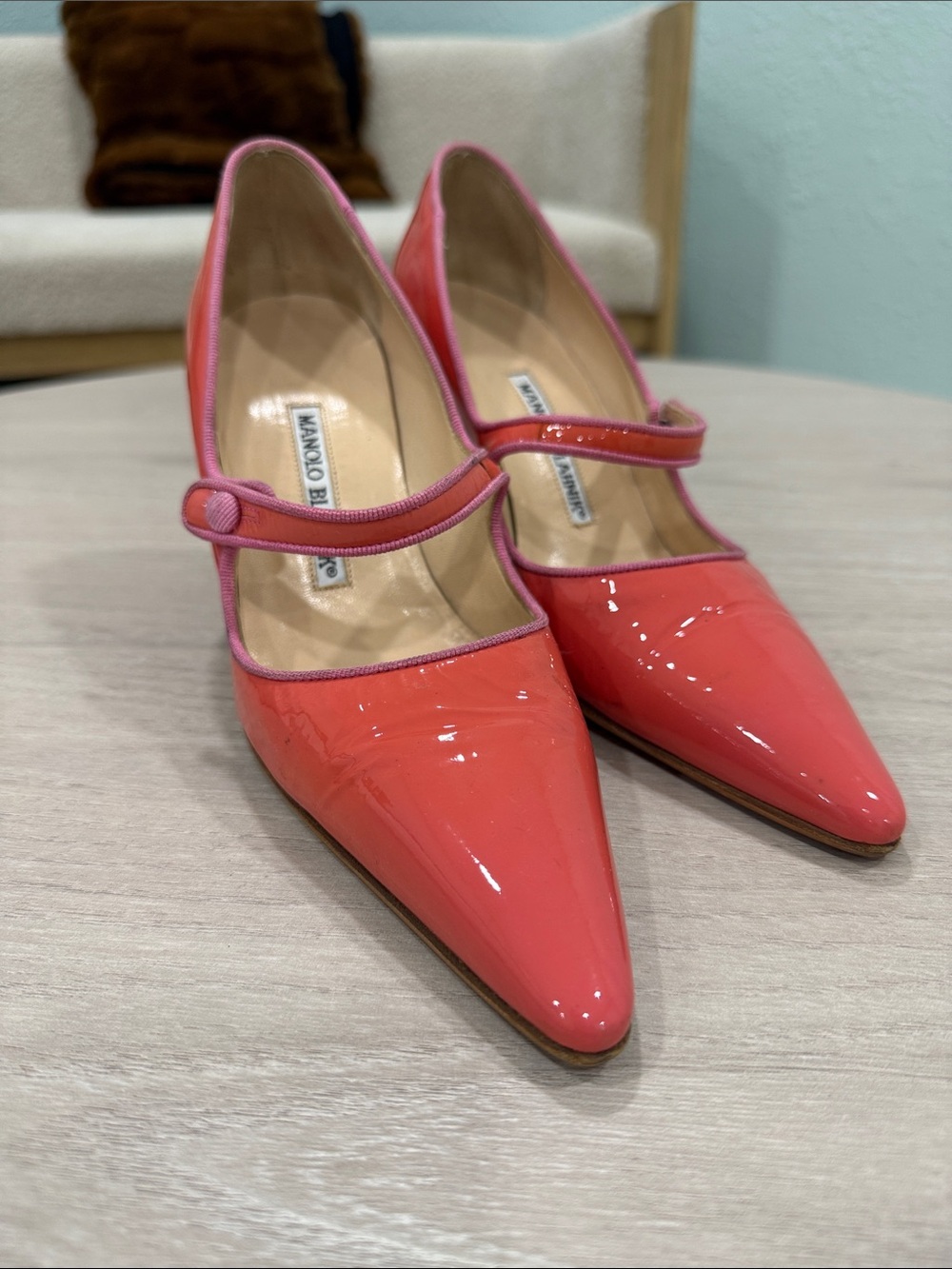 Manolo Blahnik Coral Patent Mary Jane Pumps with Pink Trim